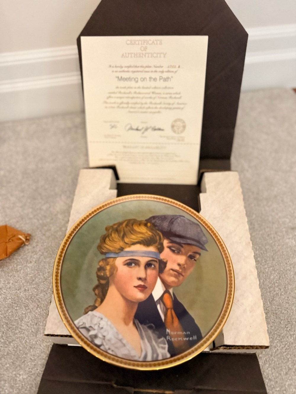 Knowles Norman Rockwell Decorative Plate with Green Background and Gold Rim